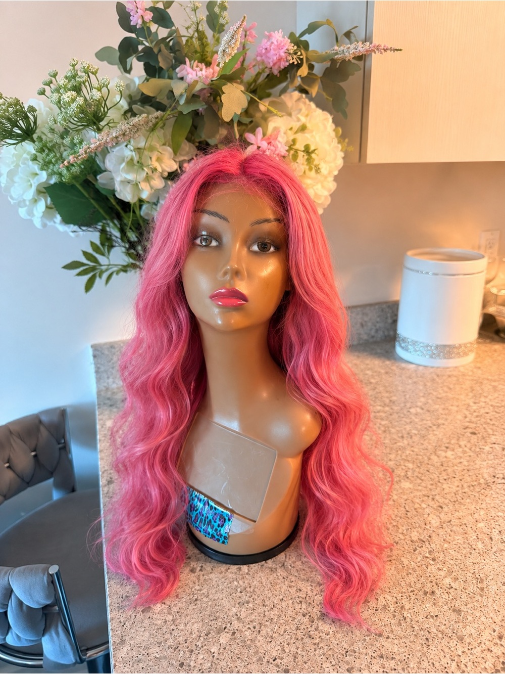 Pink human hair Wavy Long Wig - Women Hair can be styled